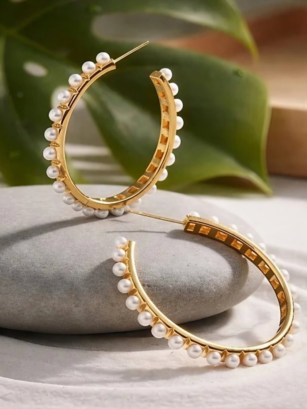 Old Money Coquette 18K Gold Pearl Embellished Large Hoop Earrings 1.8 Inch